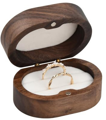 Shengxi Walnuss Holz Ring Box, Mini Holzring Ringbox mit Schwamm Slot, 7×5×3.5CM Schmuckaufbewahrung Display Box für Heiratsantrag, Verlobung, Hochzeit und Tägliche Lagerung (Weiß)