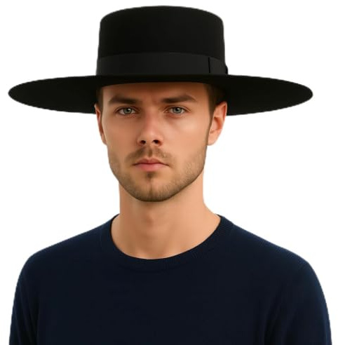 hatsXcaps Classic Spanish Hat | Wool Felt Sombrero, Unisex Wide Stiff Brim Pork Pie Hat, Vintage Bolero, Handmade Fedora Trilby Hat for Men & Women, Sweatband