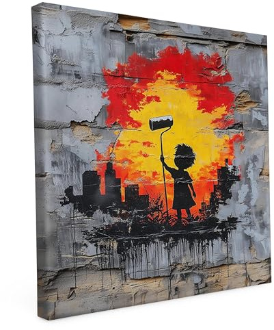 Banksy Leinwand Keilrahmen Malerbursche 40x40cm - Street Art - Wandbild | Banksy Wandbild auf Leinwand, 40x40cm, Motiv Malerbursche, Quadratisch, Street Art, 2cm Holzrahmen, matter Kunstdruck