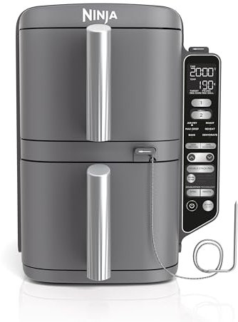 Ninja Double Stack XL Air Fryer Heißluftfritteuse mit digitalem Thermometer, 9,5 L Airfryer, vertikal, vier Kocheinstellungen, 2 Garstufen und 2 Ebenen, 6 Garfunktionen, 8 Portionen, Grau SL451EU