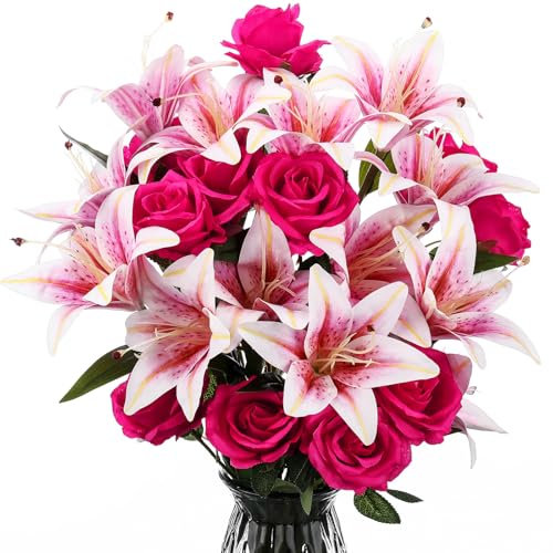 Hotop 20 Pcs Artificial Lily and Rose Flower Bouquet with Long Stem Realistic Silk Fake Floral Arrangement Gift for Mother Day Bridal Wedding Table Centerpiece(Pink & Red)