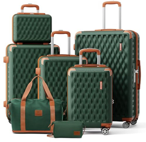 Melalenia Kofferset 7tlg Hartschale Leicht mit 4 Rollen und TSA-Schloss Der Gepäcksets Enthält 1 Kosmetikkoffer 1 Reisetasche und 1 Kulturbeutel Grün
