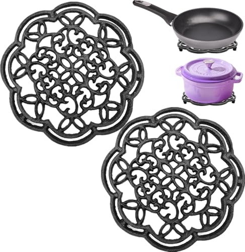 CEZOOWYEX 2 Pack Cast Iron Trivet Set, Round Heat Resistant Hot Pads for Kitchen, 7.5 Inch Black Hot Pot Holder, Heavy Duty Decorative Dish Trivets for Countertop, Table