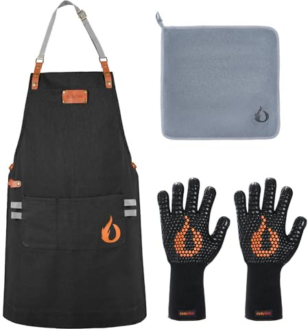 onlyfire Cooking Chef Apron with Pockets, 1472°F Heat Resistant Grill Gloves and Cleaning Cloth for Cooking, Grilling, Barbecue, Smoker, Baking, Frying, Kitchen Tools BBQ Accessories