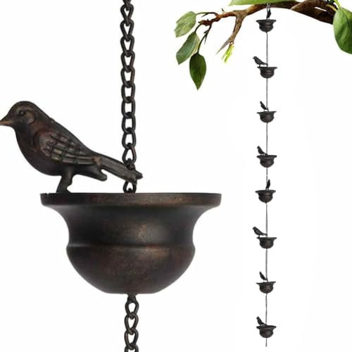Regenketten, abnehmbare Vogel- und Glocken-Regenkette für Dachrinnen, 100 cm, Metall-Regenfänger für draußen, dekorativ für Haus und Garten, Grünspan