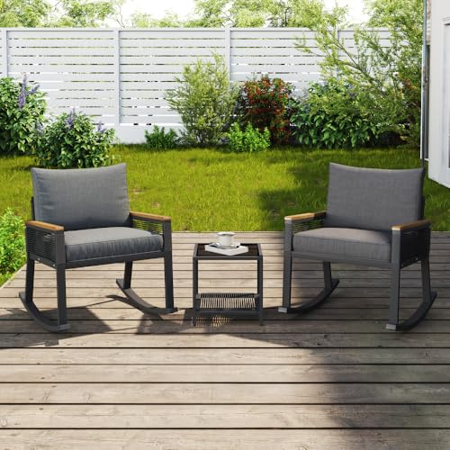 Zepneiy Gartenmöbel-Set, 3-teilig, mit Schaukelstuhl und Couchtisch, aus Glas, Bistro-Set, Schwarz und Holz (Kissen im Lieferumfang enthalten)