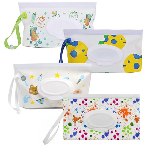 4-pack dispenser för baby våtservetter, bärbar, återanvändbar hållare och fodral för baby resor våtservetter, påfyllningsbar behållare för baby våtservetter när du är på språng