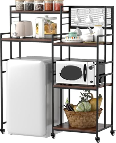 5-Tier Mini Fridge Cabinet with Storage Shelf, Industrial Style Coffee Bar Bakers Rack with Mini Fridge Space, Over Refrigerator and Microwave Stand, Mini Refrigerator Station for Dorm Kitchen