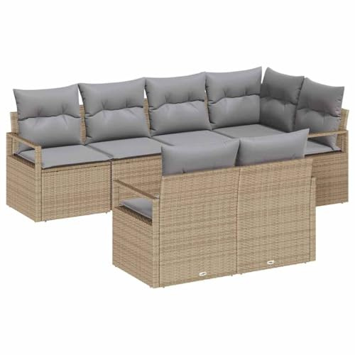 vidaXL 7 Delars Modulär Trädgårdsoff Set Med Kuddar Beige Poly Rottning Utomhus Sittande Sommar Komfort Sektions Patio Möbler Stolar Hörna