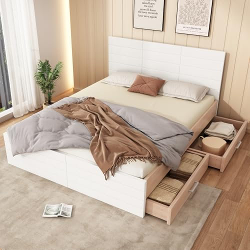 Crlnaup Doppelbett Holzbett Bettanlage 160×200cm mit 2 Schubladen,Modernes Bett inkl. Bettgestell &Lattenrost-207×80×165cm (L×H×B) Set in Eiche/Weiß(Ohne Matratze)