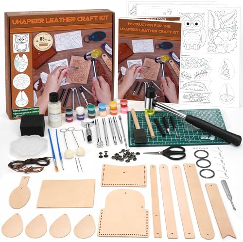 UHAPEER Leder Werkzeugset, Lederhandwerkswerkzeuge mit Werkzeug, Lederhandwerks mit Video-Tutorials, Stempeln, Kunsthandwerker Projektsets, Leather Working Kit für Lederarbeiten | Lederhandwerks mit Video-Tutorials, Stempeln, Kunsthandwerker Projektsets, Leather Working Kit für Lederarbeiten
