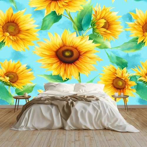Stile Acquerello Arta da parati fotografica, 200 x 140 cm Carta da parati da parete, Fiori Girasoli E Foglie Verdi decorazione murale, design per soggiorno, camera da letto, ufficio, corridoio