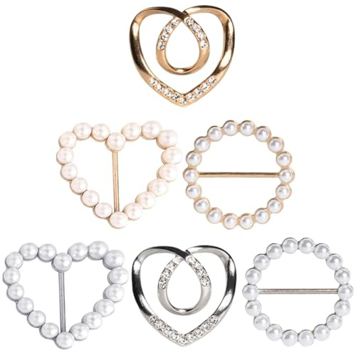 Teouuas 6 Pièces Boucles pour écharpes, Boucle Coeur Métal Cercle Clip, avec Strass Nacrés, Accessoires de Mode Polyvalents, pour Vêtements écharpes Chapeaux Ceintures Métal