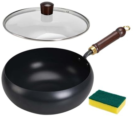 Folpus Padella Wok da 24 cm con Fondo Piatto e Coperchio in Vetro, Grande Pancia con Spugna, Wok Cinese a Gas bollente per Cucinare, Regalo di inaugurazione