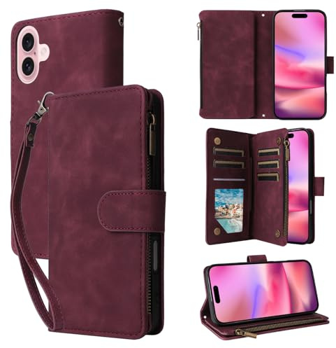 QLTYPRI for iPhone 17 Case, Large Capacity Leather Wallet Cover 6 Card Holder and 1 Zipper Pocket Kickstand Wrist Strap Magnetic Protective Cover - Wine Red