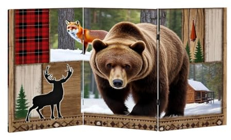 3 Panel Small Room Divider for Kids Boho Folding Screen Kitchen Mats Cabin Bear Rugs Woodland Nursery Rustic Lodge Canvas Divider for Classroom Separation Decorative Protective Privacy Partition