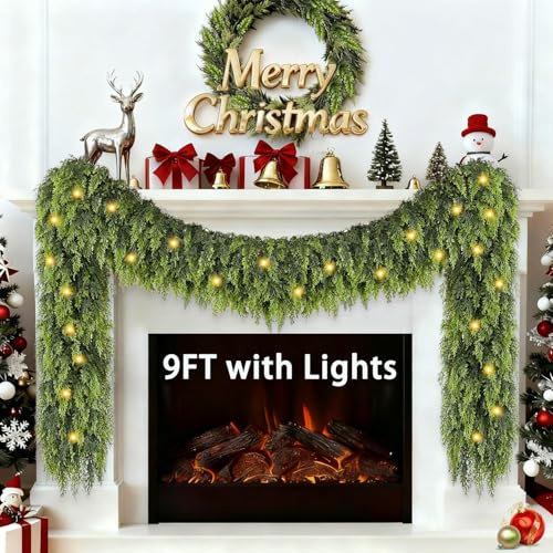 9FT Cedar Garland with Lights, Prelit Christmas Garland Artificial Realistic, Real Touch Pine Christmas Garland for Mantle Stairs Outdoor Decoration, Battery Operated Faux Greenery Garlands Thick Lush