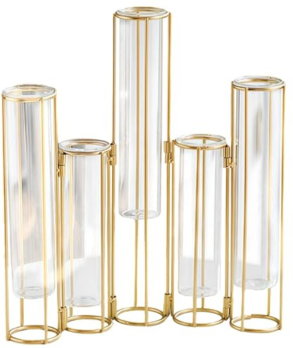 Elegant European Gold Metal Hanging Test Tube Vases, 5-Position Glass Propagation Set with Foldable Iron Frame for Balcony and Home Styling