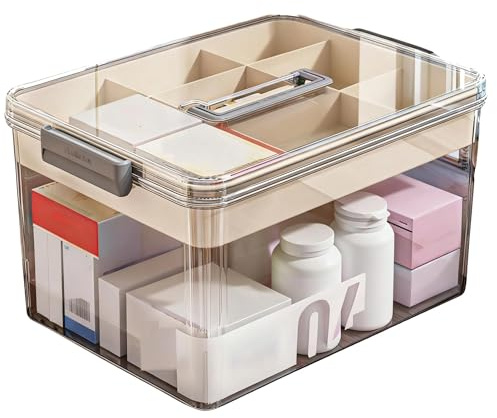 Medikamentenbox,Medizinbox,Medikamenten Aufbewahrung Box, 2 Schicht Tragbare Medikamentenbox,Arzneimittel Box,Arzneimittel aufbewahrung mit Griff, für Zuhause, Studentenwohnheim und Büro(Braun)