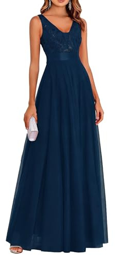 Infuness Abendkleider Elegant Für Hochzeit V-Ausschnitt Pailletten Tüll Ballkleid Damen Lang Ärmellos Cocktailkleider Partykleid