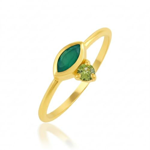 AZURFA Élégante bague solitaire marquise et onyx vert rond et péridot en finition plaqué or jaune avec pierres à facettes 2,5 x 5 mm et 2 mm