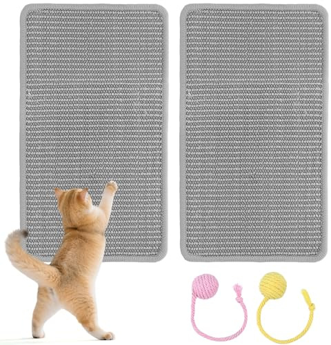 2 Piezas Alfombrilla Rascador para Gatos, 50x25 cm Alfombra Rascadora de Sisal Natural, con Bola de Juguete, Autoadhesiva, para Sofá, Pared, Puerta – Protección contra Arañazos y Desgaste(Gris)