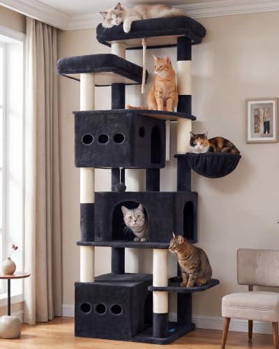 Gitelsnour Rascador para Gatos Altura 182 cm, Torre de Gatos Estable para Gatos Grandes con 3 Cuevas espaciosas, 2 Plataformas Grandes, Cesta cómoda, Postes de sisal y Juguetes, Gris Ahumado GCT800G