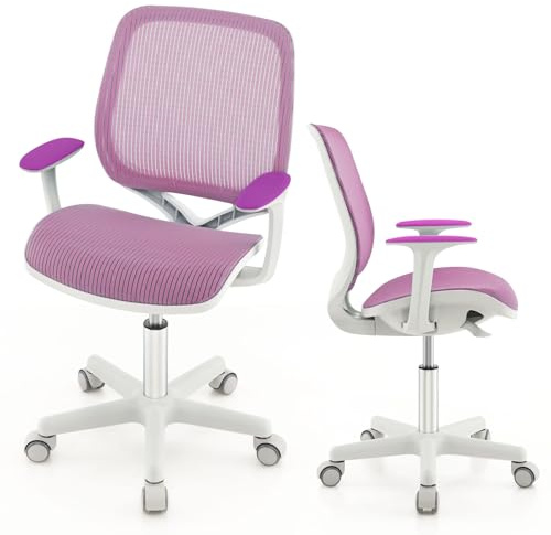FANTASK Skrivstol för barn, ergonomisk barnsnurrstol med ryggstöd och armstöd, sitthöjd 43–55 cm justerbar höjd, kontorsstol med hjul, snurrstol för barn från 6 år (lila)