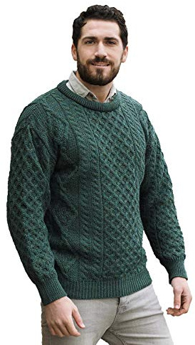 Aran Crafts - Maglione a girocollo irlandese, morbido, lavorato a maglia (100% pura lana nuova) - verde - L