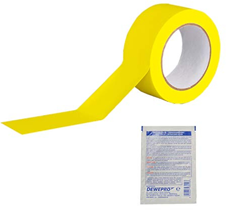 DEWEPRO ROCOL® EasyTape™ Markierungsband in Gelb 50mm x 33m - hoch belastbares, selbstklebendes PVC-Band - inkl. 1 Stück SingleScrubs Reinigungstuch