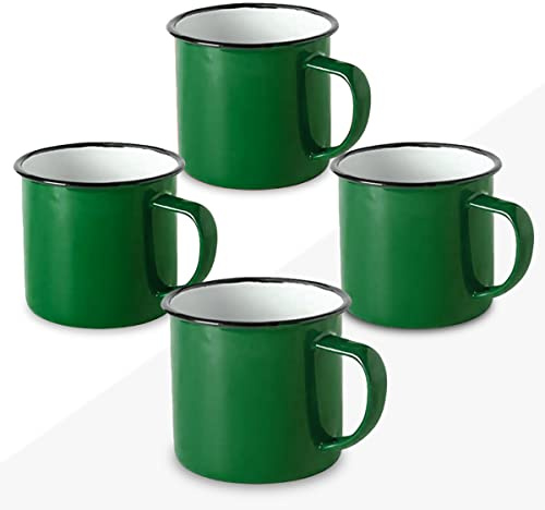 FUN FAN LINE - Set of 4 Retro Enameled Metal Mugs, Green| Large 12 Oz Vintage Breakfast Mug Set for Coffee | Unique Mugs for Tea, Hot Chocolate & Daily Use | Set for Friends & Family | 380ml Vintage Coffee Tea Chocolate Mug Gift Idea