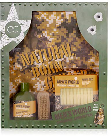 accentra Geschenkset Men`s World, Born to grill für Männer, Duschgel, Seife in Munitionsform, Holz-Nagelbürste und Grillschürze