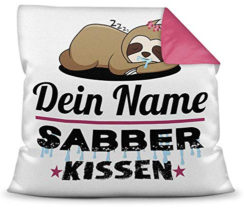 Print Royal Kissen inkl. Füllung Faultier PERSONALISIERT mit Wunschname für Sie - Ihr Name Sabberkissen - Kuschelkissen/Lustige Geschenkidee für Frauen/Freundin/Geburtstag - Farbkissen Rückseite Pink