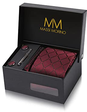 Massi Morino Krawatte Weinrot Quadrat mit Einstecktuch Set Herren inkl. Manschettenknöpfe, Krawattennadel und Geschenkbox - Männer Krawattenset