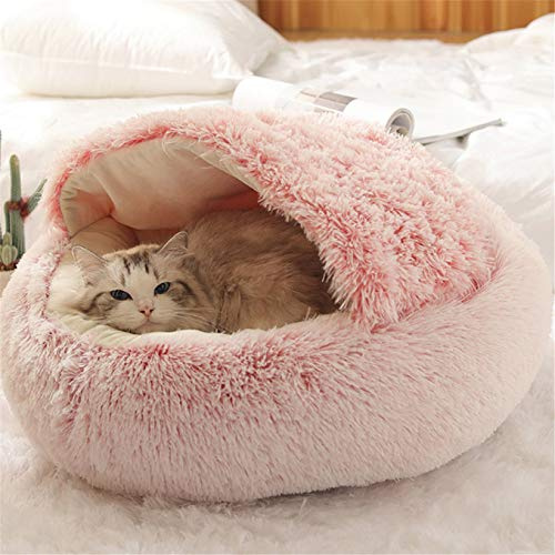 COJJ Flauschiges Katzenbett, rund, weiches Plüsch, Höhle mit Kapuze, Katzenbett, für den Winter, warm, Schlafkissen, rutschfest, maschinenwaschbar, für Katzen und Welpen