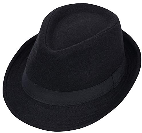 Happyupcity Schwarze Herren Manhattan Strukturierte Gangster Trilby Fedora Hut Jazz Cap Floppy Panama Hut Gentlemans Flat Hat, Schwarz, 60