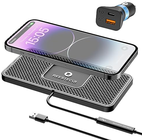 Wireless Car Charger Pad, REESTECQI 15W Qi Wireless Charger for Car Non Slip Wireless Charging Pad Car Phone Charger mat with QC3.0 Car Charger for AirPods 3/Pro, iPhone 13/12/11, Samsung S22/S21