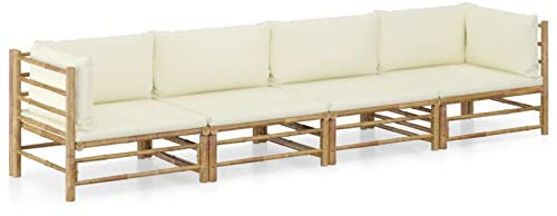 Keketa Gartenlounge Gartensofa 4-TLG. Gartenmöbel Set mit Kissen Cremeweiß Balkonmöbel Balkonlounge Garten Lounge Sofa Sitzgruppe Sofagarnitur Terrassenmöbel Ecksofa Bambus