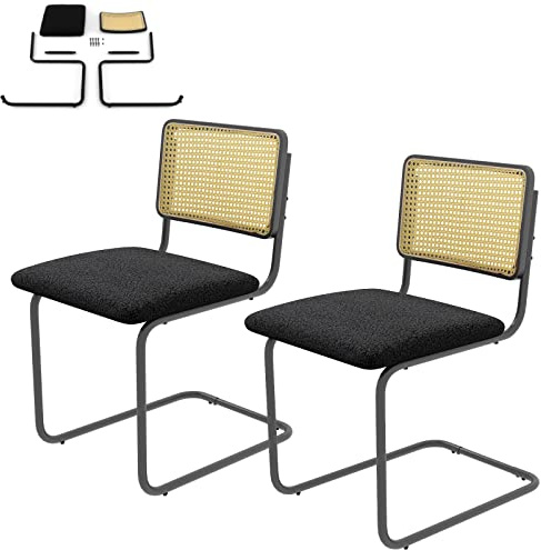 TANGZON Dining Chairs Set of 2, Mid-Century Upholstered Kitchen Chairs with Rattan Backrest & Non-slip Foot Pads, Metal Frame Cantilever Side Chairs for Living Dining Room