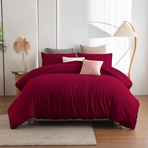 Soifox Bettwäsche 220x240 Rot - bettwäsche-Sets aus Mikrofaser bügelfrei & knitterfrei Bettbezug 220 x 240 Set mit 80x80 cm Kissenbezug 2er Set Bettwasche mit Reißverschluss