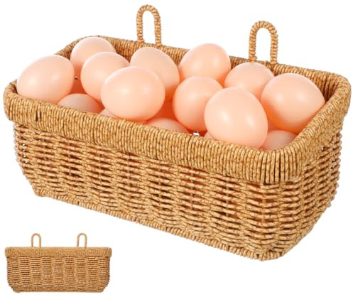 PRETYZOOM Woven Hanging Wall Baskets, Small Boho Natural Wicker Storage Organizer with 2 Hooks, Home Kitchen Bathroom Rattan Basket for Fruits, Food, Towel - 11 inch