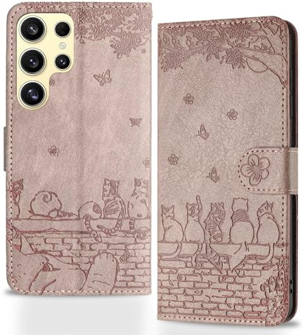 Butnyeoe Handyhülle für Samsung Galaxy S22 Ultra 5G,Zaunkatzen Klappbar Hülle,Geprägtes PU Leder Wallet Schutzhülle Tasche Flip Case,Magnetische Klapphülle mit Kartenfach Standfunktion,Rosa-Violett