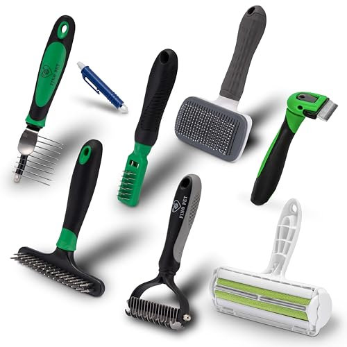 FinoPet 8er Mega-Set auch als Starterset Pflegebürsten, XL Fusselrolle, Zeckenzange, verschiedene Hundebürsten und Katzenbürsten inklusive Entfilzungsbürsten, Tierhaarentferner, Zeckenentfernung
