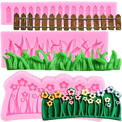 RFGHAC Green Grass Garden Picket Fence Silicone Fondant Mould Flower Silicone Mould for Cake Decorating Cupcake Topper Chocolate Gum Paste Candy Polymer Clay Set of 3