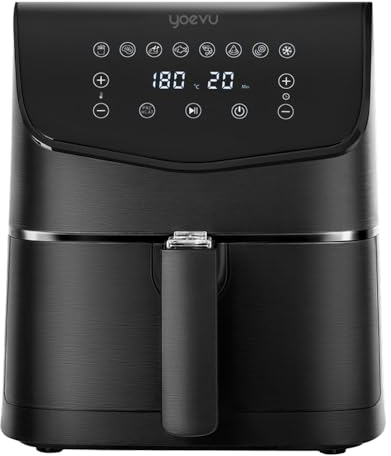 YOEVU - Freidora de Aire 5.5L | Sin Aceite y Saludable | 8 Funciones Programables | Pantalla Táctil LED | Rápida y Eficiente | Cesta Antiadherente | Fácil de Limpiar, Negra, 5.5 Litros, ABS