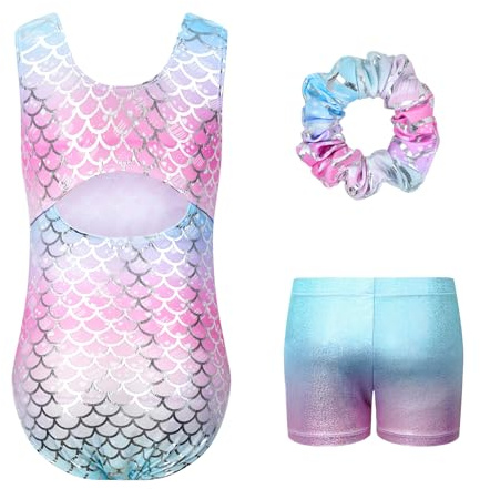 JiAmy Gymnastikanzug Mädchen, Turnanzug Kinder mit Hose Haarband Set, Glänzendes Gymnastik Turnanzug Leotard für 11-12 Jahre
