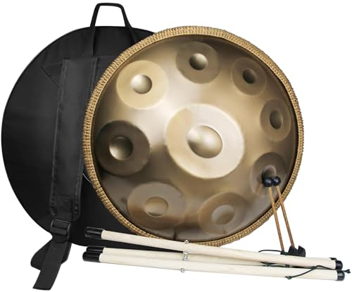 Handpan Drum Instrument, 22 Zoll Handpan Trommel Stahltrommel In D-Moll, 9 Noten 440Hz Percussion Musikinstrumente Handtrommel Set, Handgefertigt, Mit Tasche Schlägel Ständer - Gold