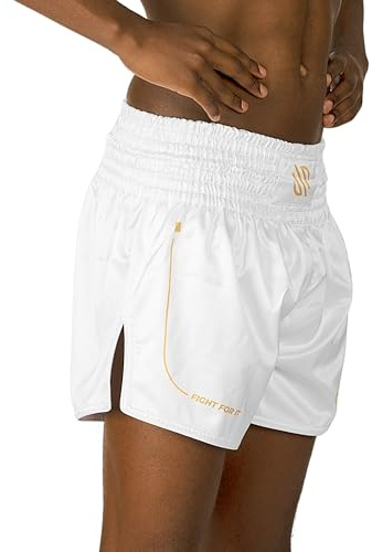 Sanabul Gold Strike Muay Thai Shorts for Men & Women | Kickboxing Shorts | White/Gold, Large
