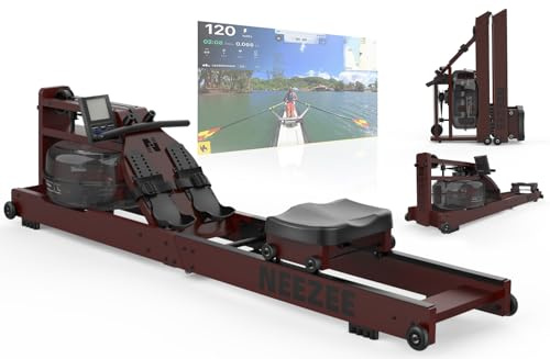 Neezee Wasser Rudergerät für Zuhause, Klappbar Rudergeräte aus Massivholz, Rudermaschine mit Bluetooth Anzeige und Tablet-Halterung, Max 200kg Belastbar, Kompatibel mit Kinomap APP，Dunkelbraun
