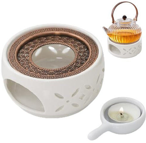 Stövchen, SAMSYOKI Stövchen für Teekanne Keramik, Teewärmer Porzellan mit Teelichthalter und Herdmatte Hohl Geschnitztes Design Kaffeewärmer für Kaffee Tee Milch Weiß (Blütenform)